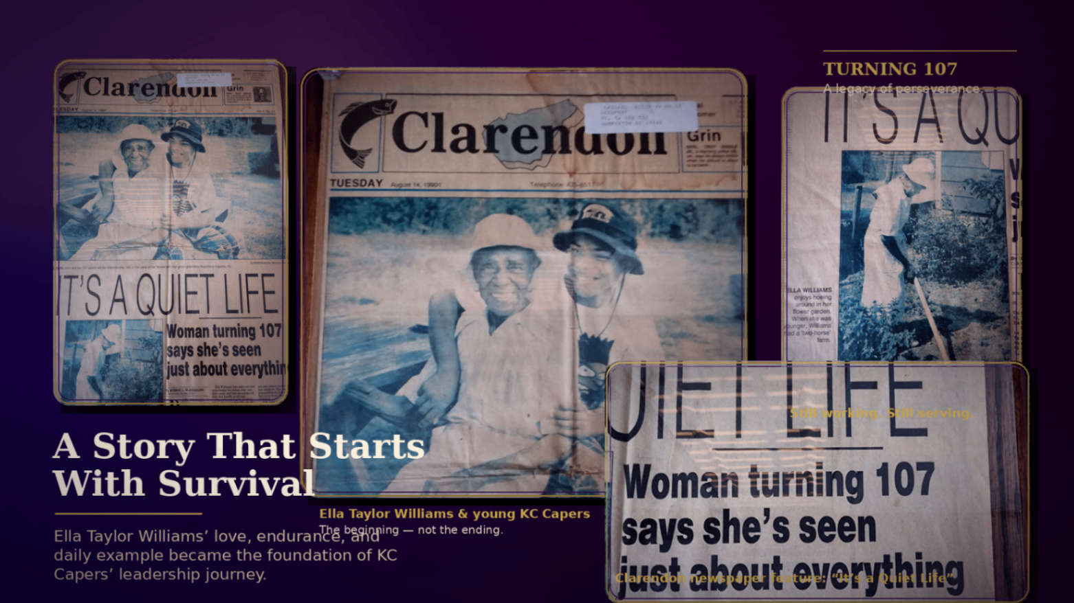 Ella Taylor Williams tribute collage — Clarendon newspaper feature, 'It's a Quiet Life', woman turning 107, young KC Capers